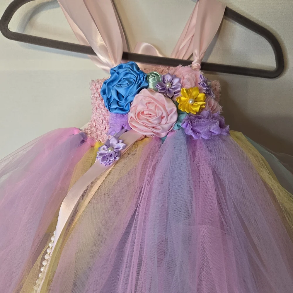 ANGEL TUTU Girls Pastel Floral Tulle Dress With Satin Flower Embellishments